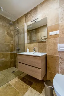 a bathroom with a sink and a shower at Eloi Merle - Chambre d'hôtes in Olonzac