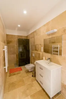 a bathroom with a sink and a toilet and a shower at Eloi Merle - Chambre d'hôtes in Olonzac