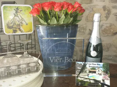 a bottle of wine and a vase of red flowers at Le Clos des Troubadours in Pennautier