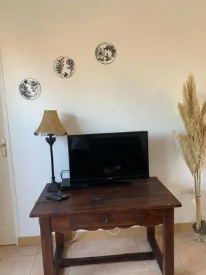 a television on a wooden table with a lamp and plates on the wall at gîtes 
