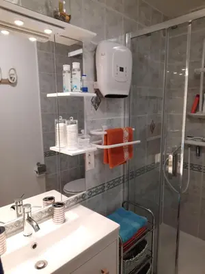 a bathroom with a shower and a sink and a shower at Studio La Presqu'île 2 in Gruissan