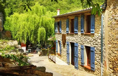 a stone house with blue windows and a tree at Hostellerie du Vieux Moulin in Duilhac