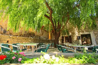 a group of tables and chairs under a tree at Hostellerie du Vieux Moulin in Duilhac