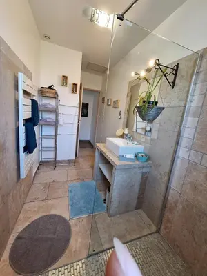 a bathroom with a shower with a sink and a mirror at Les Gîtes de Nathalie: Corneille et Rivals in Carcassonne