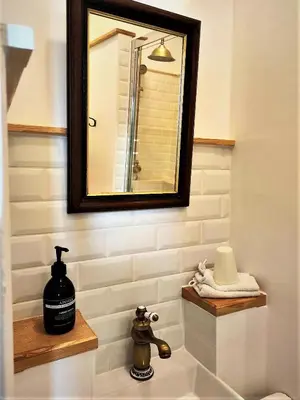 a bathroom with a mirror and a sink at Le Neptune in Le Somail