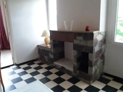 a fireplace in a room with a checkered floor at Apartment Albert parking privé gratuit in Limoux