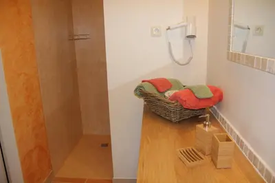 a bathroom with a shower and a basket with towels at Les Jardins de Soulane B&B - Adults only in Belcastel-et-Buc
