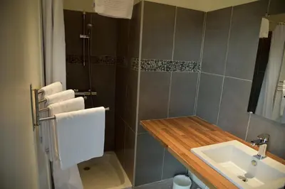 a bathroom with a sink and a shower at Domaine de Garabaud in Mazères