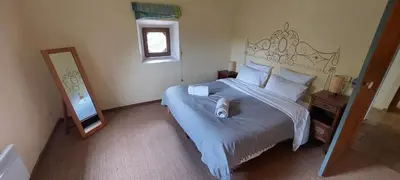 a bedroom with a large bed and a mirror at La maison de maître in Cascastel-des-Corbières