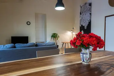 a vase of red flowers on a table in a living room at Domaine Calmel & Joseph in Montirat