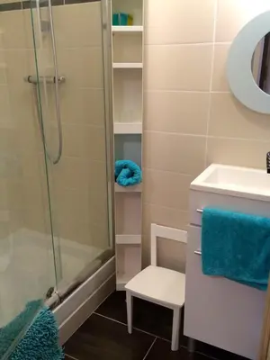 a bathroom with a shower and a sink at C&O Appartements in Comigne
