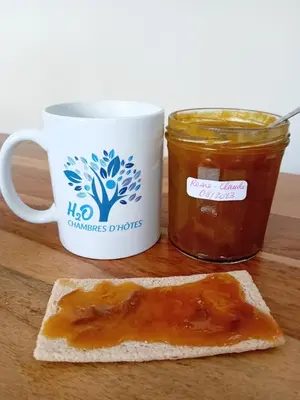 a piece of bread next to a mug of honey at H2o Chambres d'Hôtes in Peyriac-de-Mer