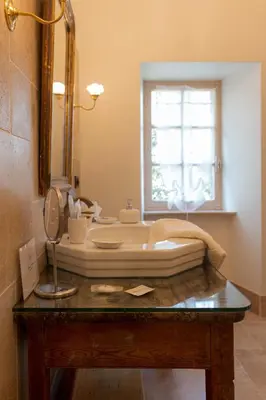 a bathroom with a sink and a mirror at Château Moussoulens in Moussoulens