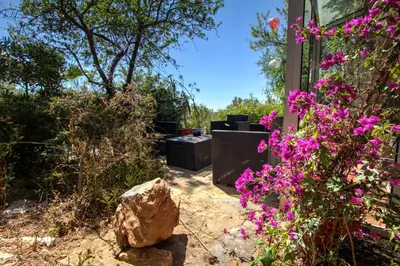 a garden with pink flowers on the side of a house at La bergerie du chateau de Fitou in Fitou