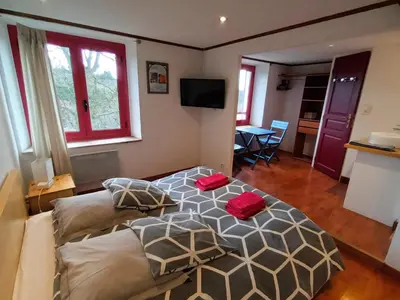 a bedroom with a bed with two red pillows on it at Terres de Barréjat in Cazals-des-Baylès