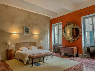 a bedroom with a large bed and a mirror at Hôtel d'Alibert in Caunes-Minervois