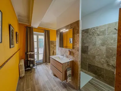 a bathroom with a sink and a shower at Hôtel d'Alibert in Caunes-Minervois