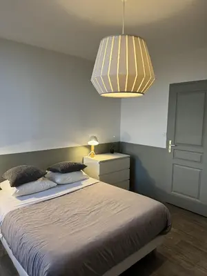 a bedroom with a large bed and a light fixture at Maison Bacou cité 3 in Carcassonne