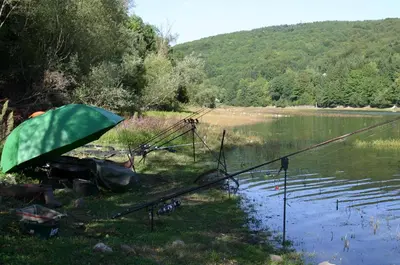 a green umbrella sitting next to a body of water at Gîte de Rouayras in Nages