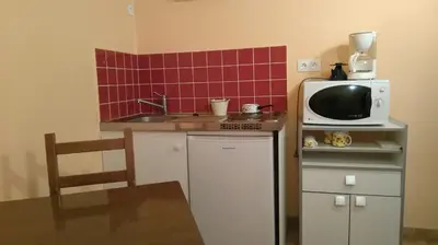 a small kitchen with a sink and a microwave at Gîte de Rouayras in Nages