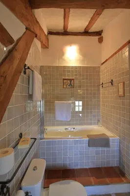 a bathroom with a tub and a toilet and a sink at Cuq en Terrasses in Cuq-Toulza
