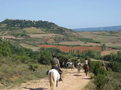 a group of people riding horses down a hill at Le gite de Cristal proche Bugarach in Granès