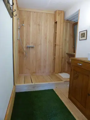 a bathroom with a shower with a green rug at La Bouriotte Gîtes in Labastide-Rouairoux