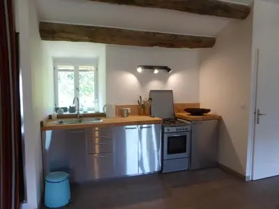 a kitchen with a sink and a stove at La Bouriotte Gîtes in Labastide-Rouairoux