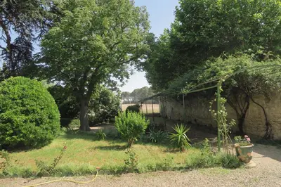 a garden with trees and a stone wall at Le Domaine de Fraissinet in Ouveillan