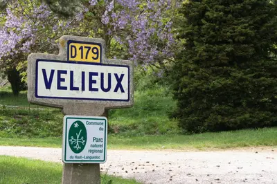 a street sign on a pole next to a road at Gite Soyez in Vélieux