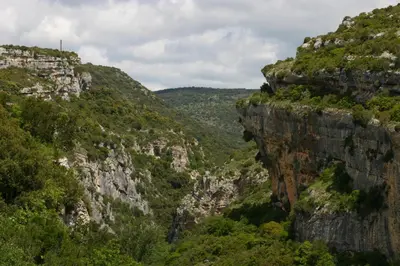 a view of a mountain with trees and rocks at Gite Soyez in Vélieux