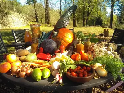 a table with a bunch of vegetables on it at La Bouriotte Chambre d'hôtes Bouton D'Or in Labastide-Rouairoux
