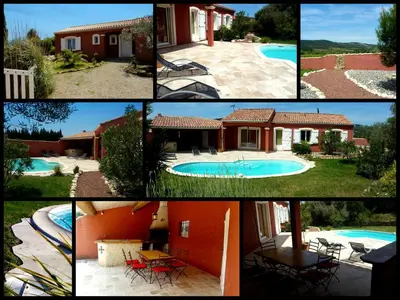 a collage of pictures of a house and a swimming pool at L'Ispanina in Thézan-des-Corbières