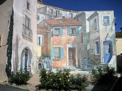 a painting of a group of people standing in front of a building at Gites de Gabrielle in Capestang
