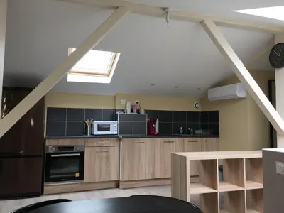 a kitchen with wooden cabinets and a skylight at Appartements 