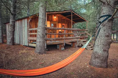 a hammock in front of a cabin in the woods at Domaine de la Vitarelle Glamping in Villanière