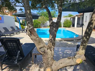a trunk of a tree next to a swimming pool at La Casa del Arti - Hôtellerie & Spa - Centre bien-être et Piscine chauffée in Sigean