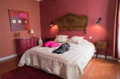 a bedroom with a large bed with pink walls at O'palmier Caché in Saint-Marcel