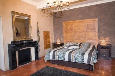 a bedroom with a bed with a fireplace and a mirror at O'palmier Caché in Saint-Marcel