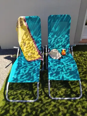 two chairs sitting next to each other on the grass at Le Logis de Liliana in Villemoustaussou
