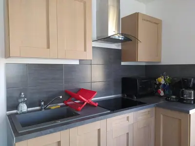 a kitchen with a sink and a red object on the counter at Le Logis de Liliana in Villemoustaussou