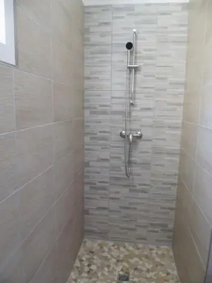 a bathroom with a shower with a tile wall at Le Logis de Liliana in Villemoustaussou