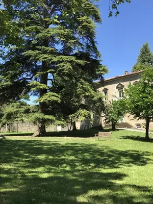 a park with a bench in front of a building at Les cèdres in Chalabre