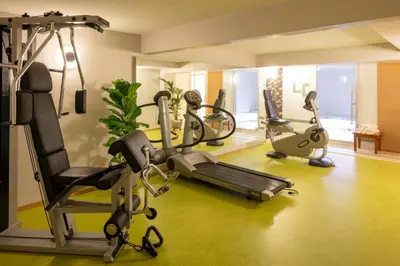 a gym with treadmills and cardio equipment in a room at Hotel La Chaumière in Quillan