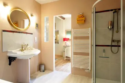 a bathroom with a sink and a shower at Maison de Textile in Montolieu