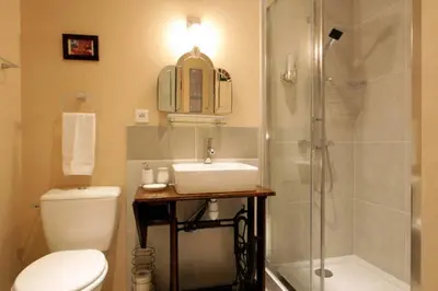 a bathroom with a shower and a sink and a toilet at Maison de Textile in Montolieu