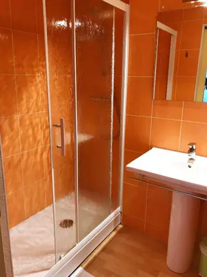 a bathroom with a shower and a sink at Logis Hotels - Hôtel et Restaurant de la Montagne Noire in Dourgne