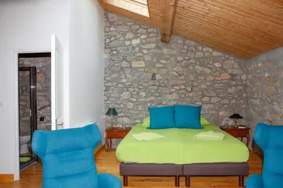 a bedroom with a green bed in a stone wall at Moulin d'entre les roches in Puivert