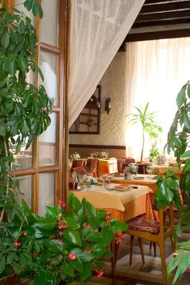 a dining room with a table and a room with plants at Hôtel Le Commerce in Mirepoix