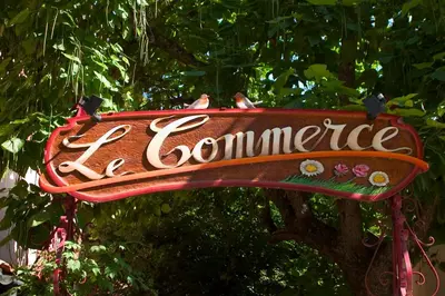 a sign that says la commerce hanging from a tree at Hôtel Le Commerce in Mirepoix